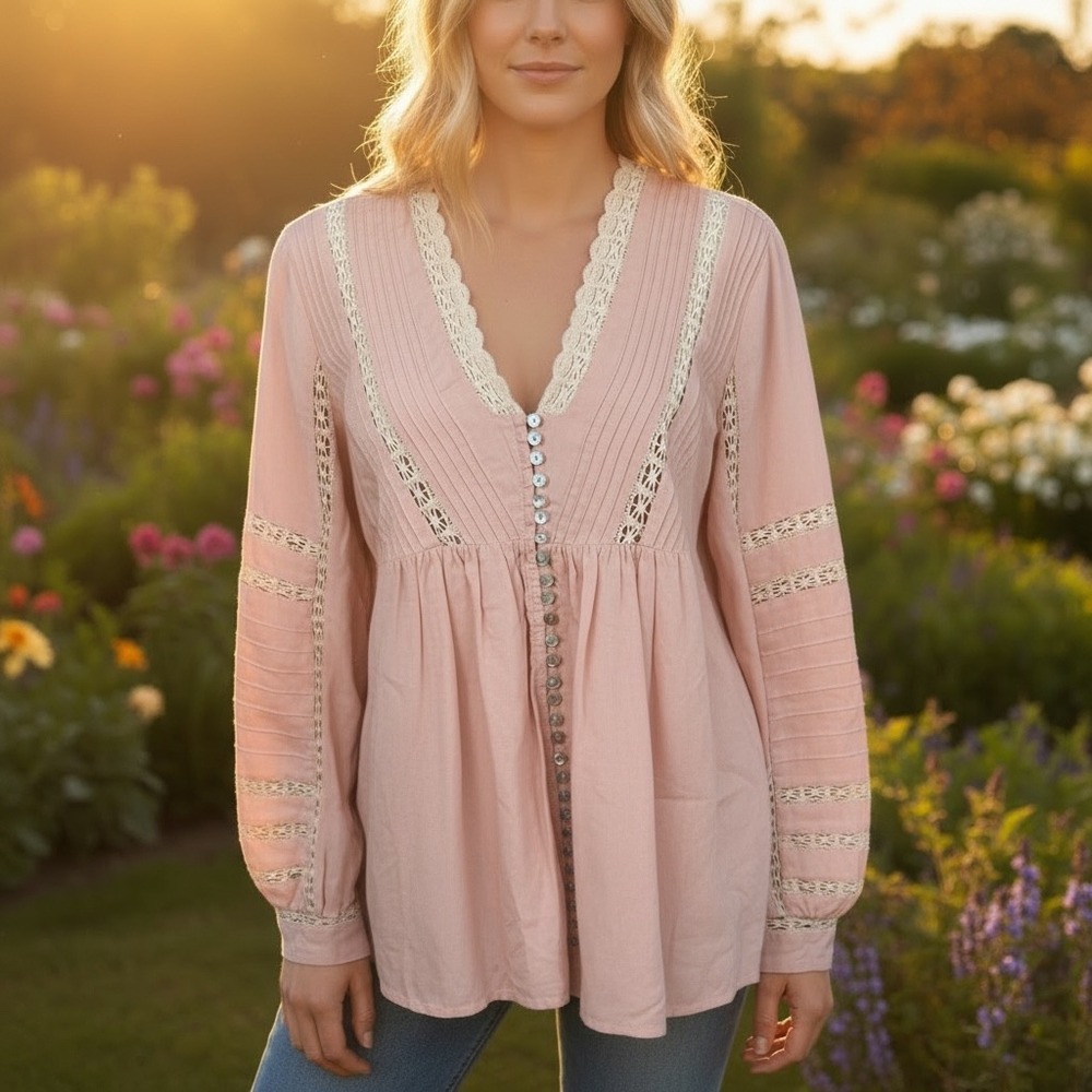 Sundance Tunic Blouse Womens XS Pink Boho‎ Lace Pintuck Rayon V-Neck Top
